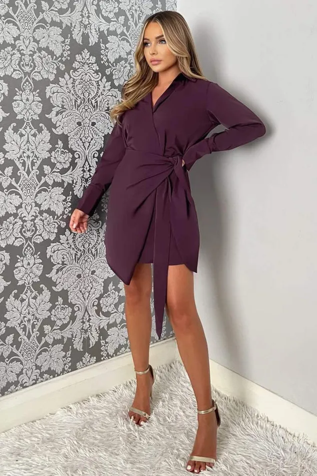 AX Paris Dresses Plum Tie Wrap Long Sleeve Mini Dress