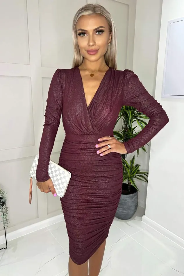 AX Paris Dresses Plum Wrap Top Long Sleeve Ruched Shimmer Bodycon Midi Dress