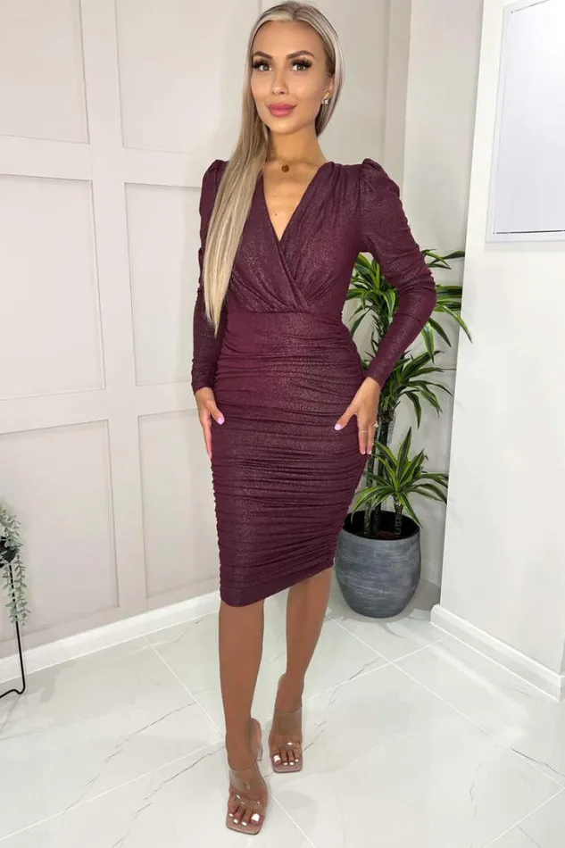 AX Paris Dresses Plum Wrap Top Long Sleeve Ruched Shimmer Bodycon Midi Dress