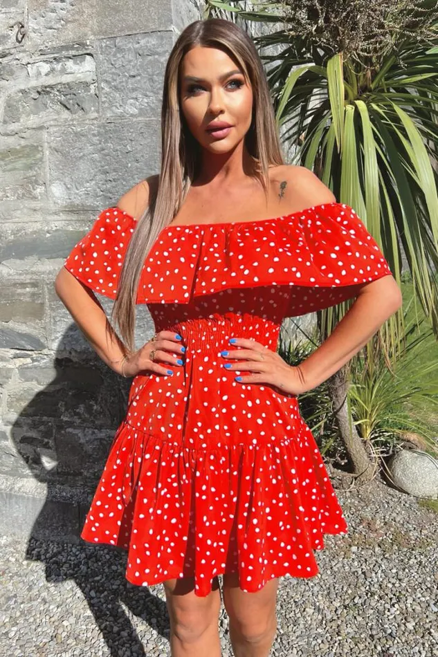 AX Paris Dresses Red And White Polka Dot Bardot Style Mini Dress