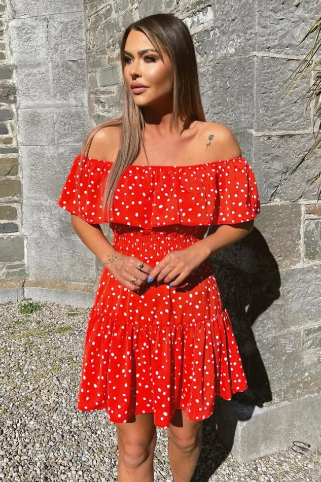 AX Paris Dresses Red And White Polka Dot Bardot Style Mini Dress