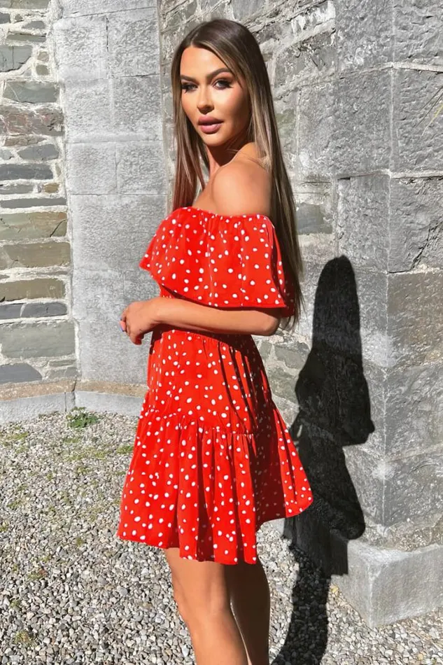 AX Paris Dresses Red And White Polka Dot Bardot Style Mini Dress
