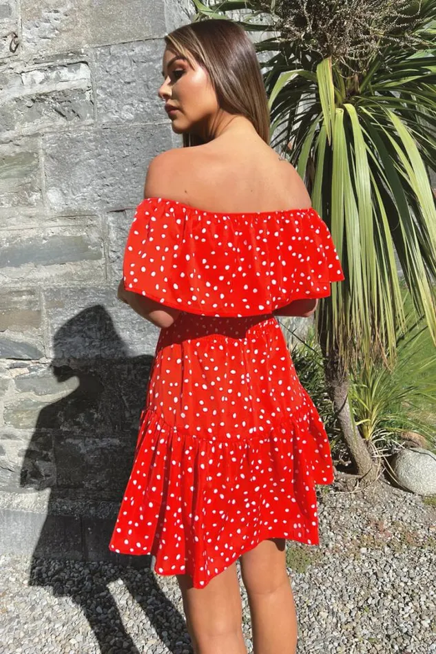 AX Paris Dresses Red And White Polka Dot Bardot Style Mini Dress