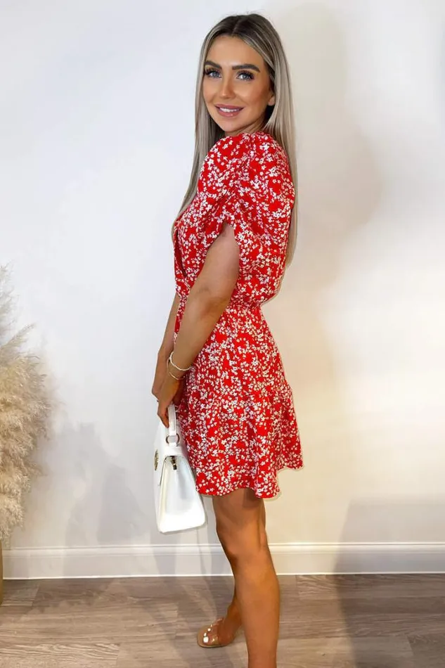 AX Paris Dresses Red Floral Puff Sleeve Wrap Over Mini Dress
