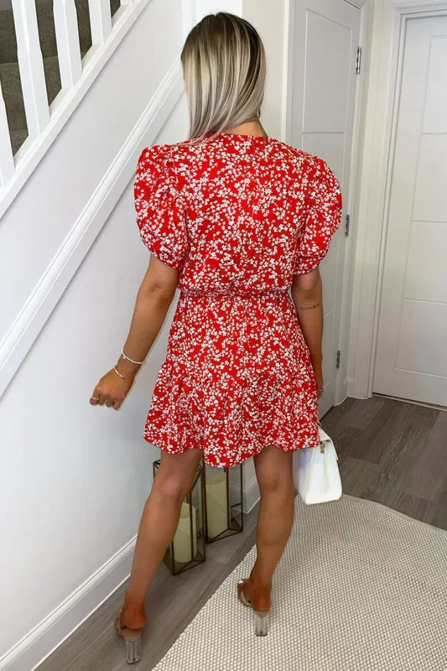AX Paris Dresses Red Floral Puff Sleeve Wrap Over Mini Dress