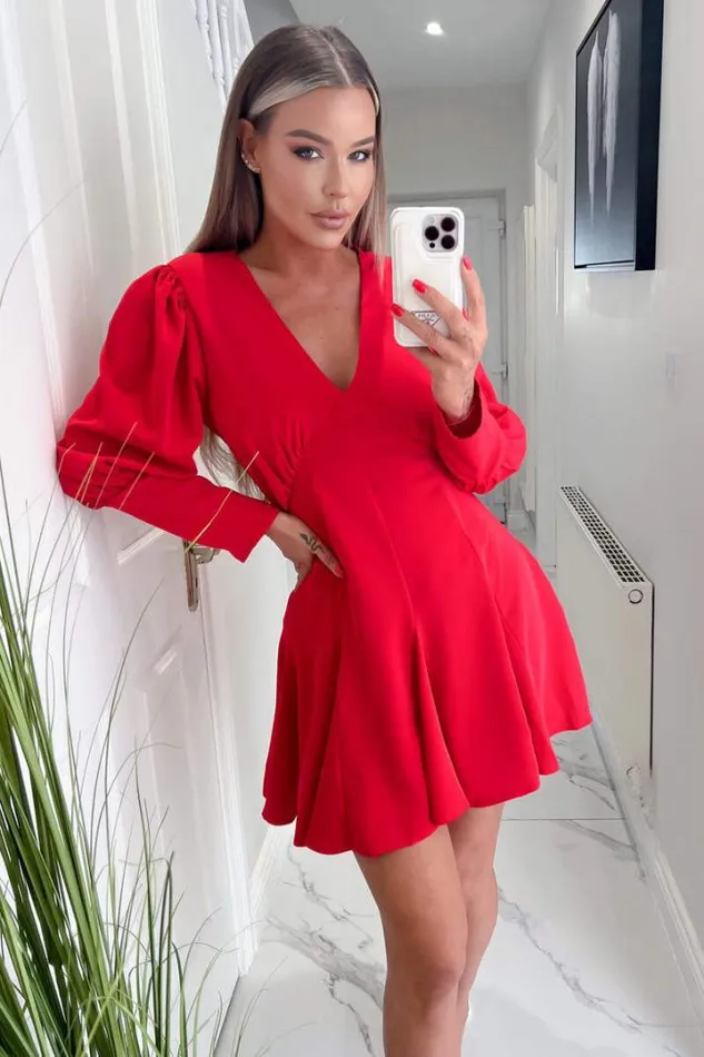 AX Paris Dresses Red VNeck Long Sleeve Skater Dress