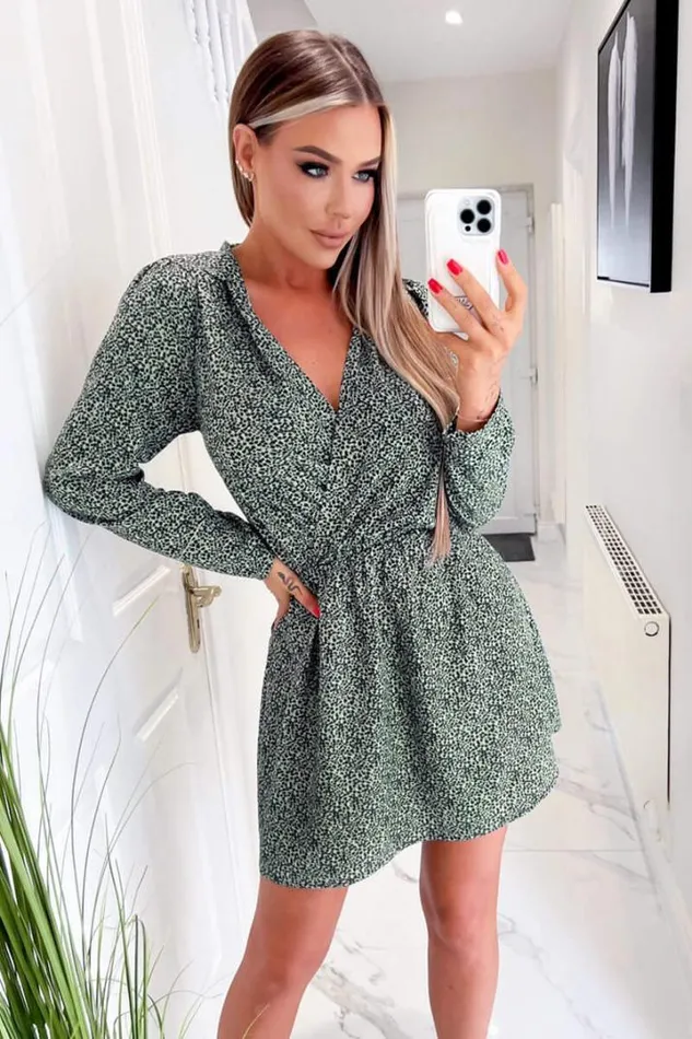 AX Paris Dresses Sage And Black Printed Long Sleeve Mini Dress