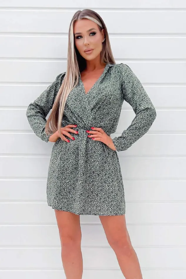 AX Paris Dresses Sage And Black Printed Long Sleeve Mini Dress