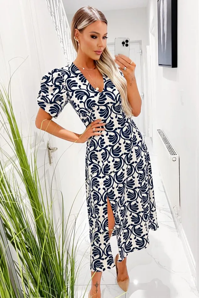 AX Paris Dresses Stone And Navy Printed Short Puff Sleeve V Neck Midi Dress