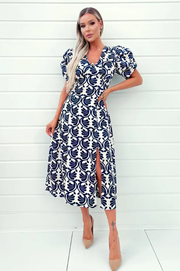 AX Paris Dresses Stone And Navy Printed Short Puff Sleeve V Neck Midi Dress
