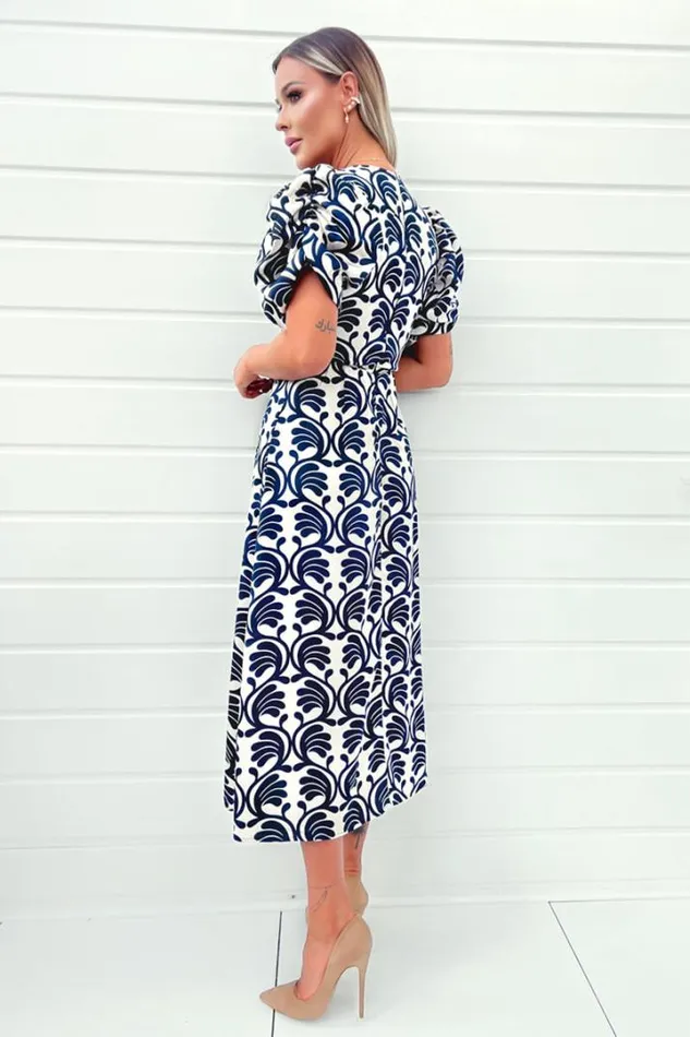 AX Paris Dresses Stone And Navy Printed Short Puff Sleeve V Neck Midi Dress