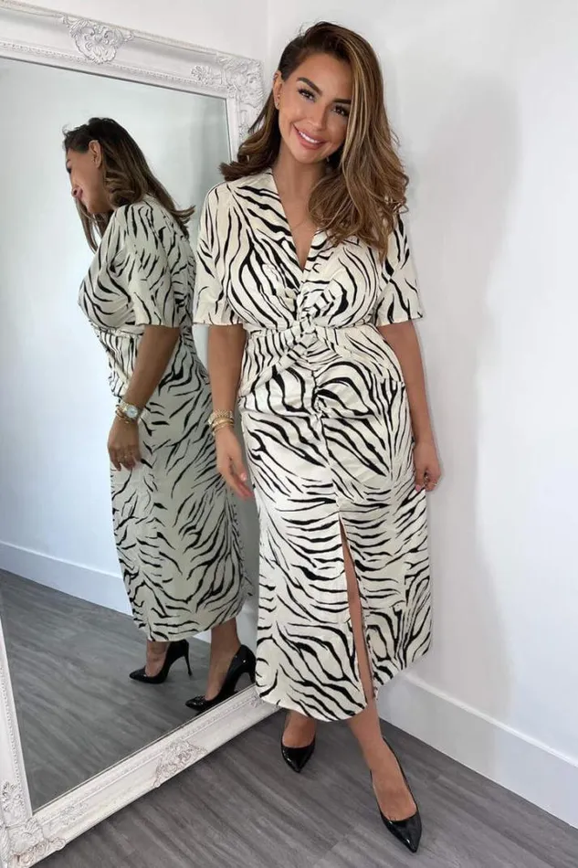 AX Paris Dresses Stone Animal Print Satin Knot Front Midi Dress