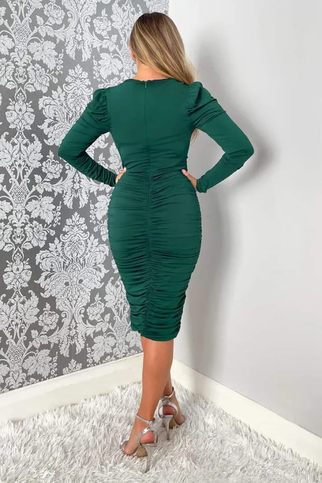 AX Paris Dresses Teal Ruched Long Sleeve Cross Front Midi Dress