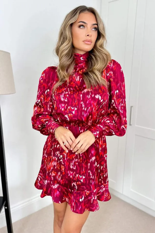 AX Paris Dresses Wine Printed High Neck Skater Dress