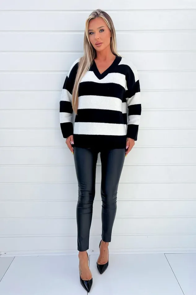 AX Paris Knitwear Black And Cream Stripe VNeck Knitted Jumper