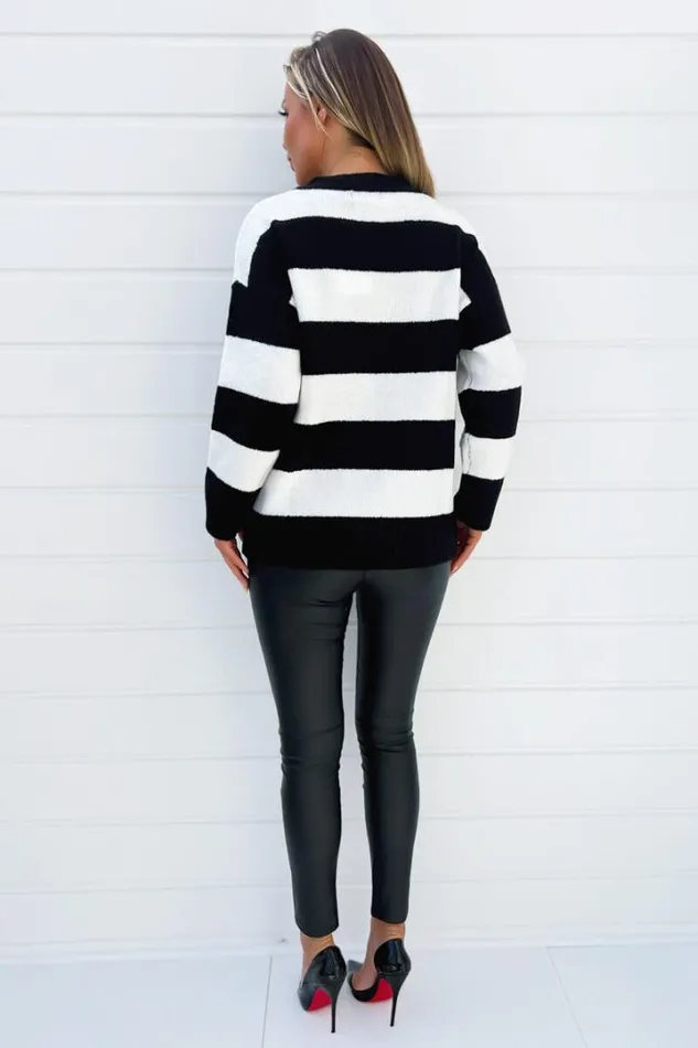AX Paris Knitwear Black And Cream Stripe VNeck Knitted Jumper