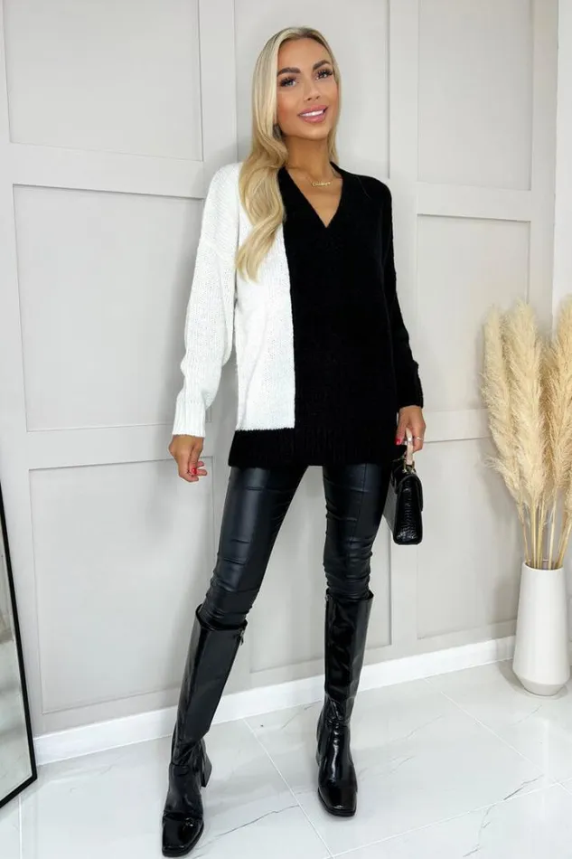 AX Paris Knitwear Black And Cream Two Tone VNeck Knit Jumper