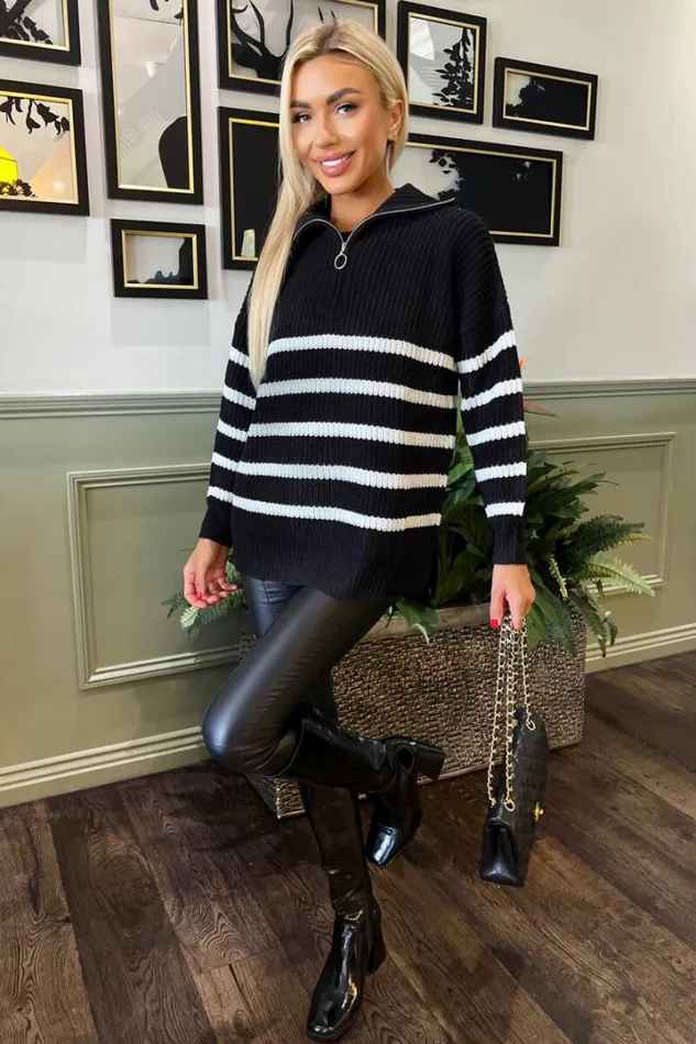 AX Paris Knitwear Black And Cream Zip Front Striped Knitted Jumper