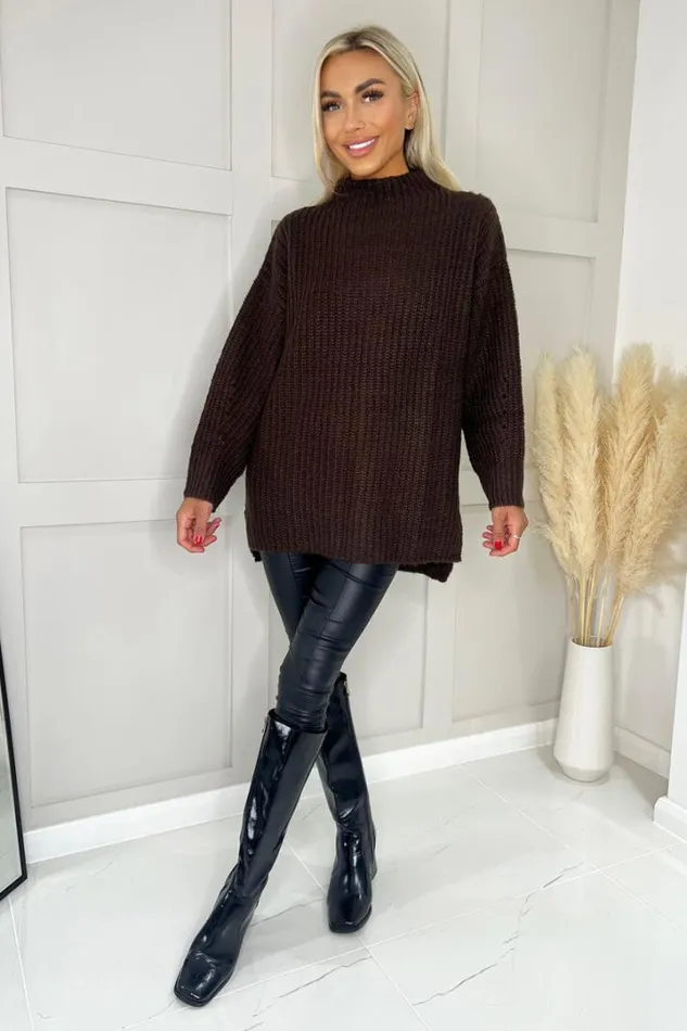 AX Paris Knitwear Chocolate Mock Neck Oversized Knit Jumper
