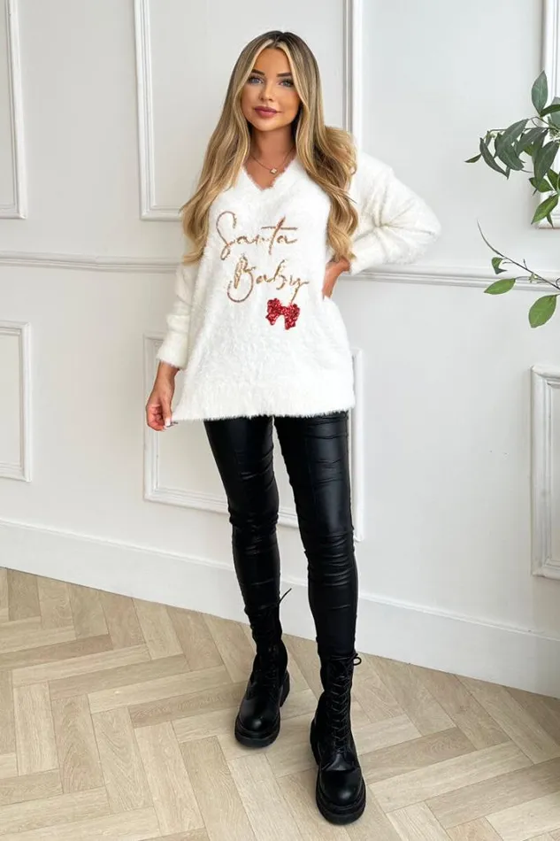 AX Paris Knitwear Cream Fluffy Santa Baby Sequin Jumper