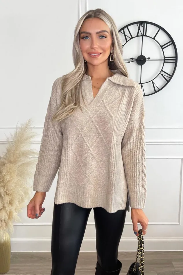 AX Paris Knitwear Oatmeal Collared Cable Knit Jumper