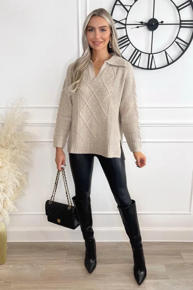 AX Paris Knitwear Oatmeal Collared Cable Knit Jumper