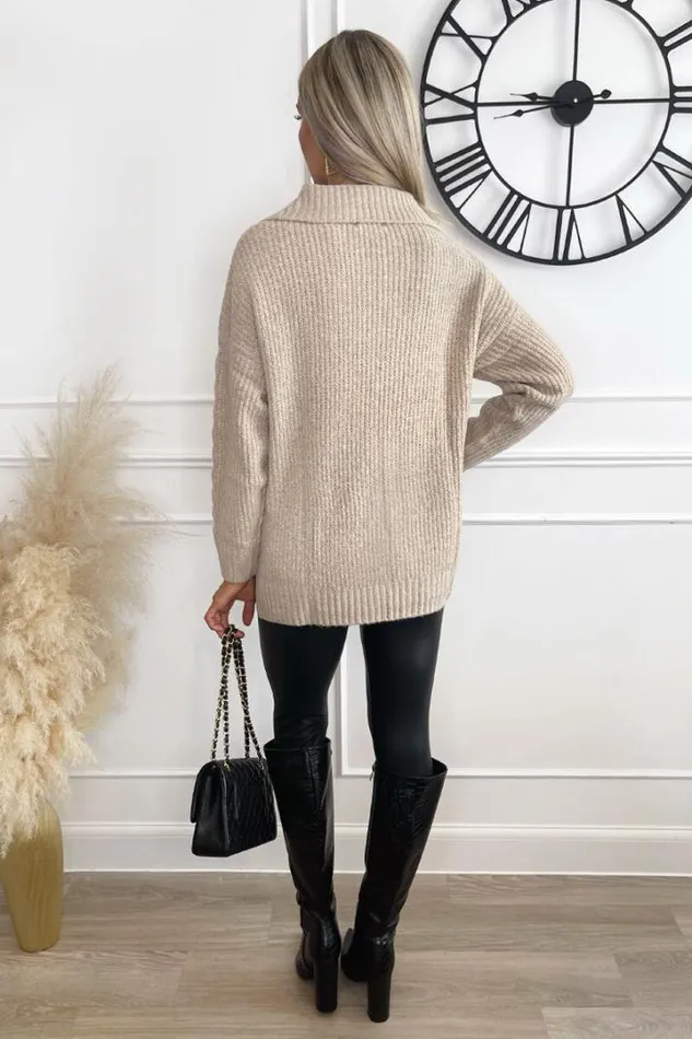 AX Paris Knitwear Oatmeal Collared Cable Knit Jumper