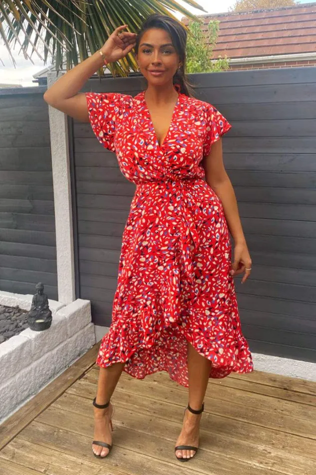 AX Paris Midi Dresses Red Abstract Print Wrap Midi Dress