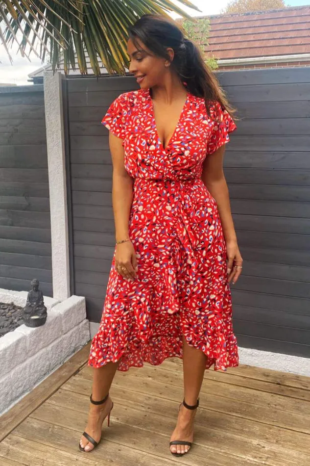 AX Paris Midi Dresses Red Abstract Print Wrap Midi Dress