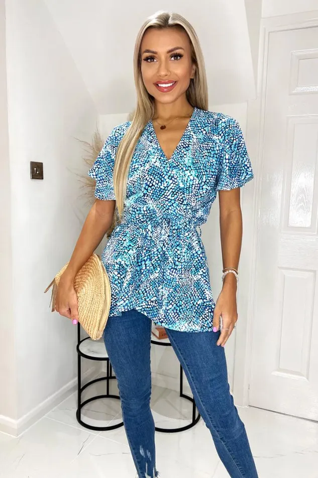 AX Paris Tops Blue Printed Wrap Short Sleeve Belted Top