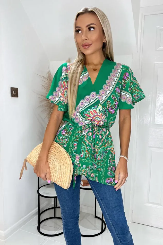 AX Paris Tops Green Paisley Printed Wrap Short Sleeve Belted Top
