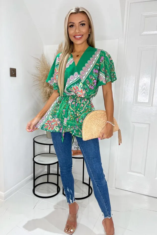 AX Paris Tops Green Paisley Printed Wrap Short Sleeve Belted Top