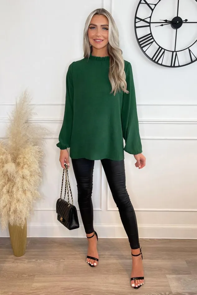 AX Paris Tops Green Ruffle Neck Long Sleeve Top