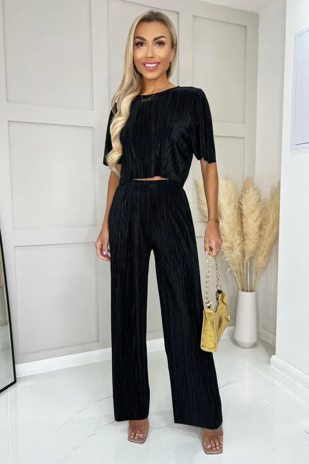 AX Paris Trousers 038 Leggings Black Plisse Straight Leg Trousers