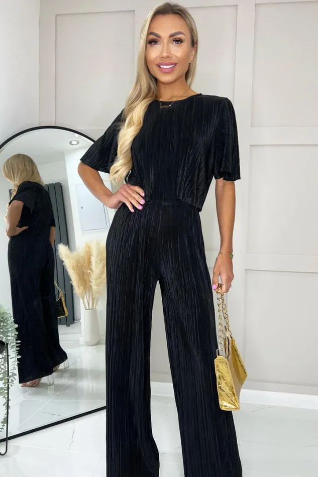 AX Paris Trousers 038 Leggings Black Plisse Straight Leg Trousers