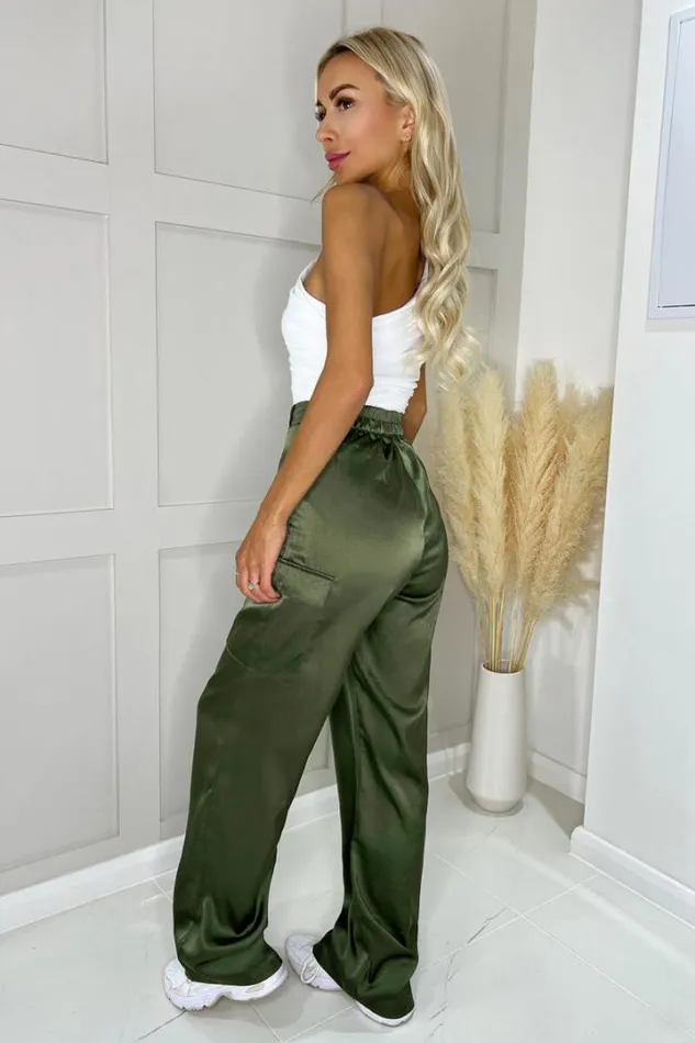 AX Paris Trousers 038 Leggings Olive Satin Straight Leg Cargo Pants