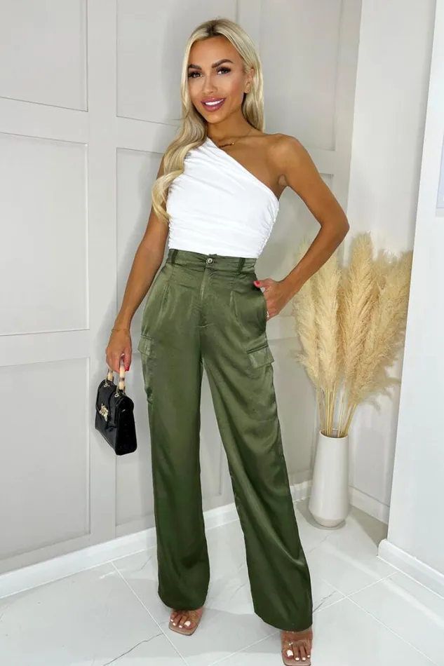 AX Paris Trousers 038 Leggings Olive Satin Straight Leg Cargo Pants