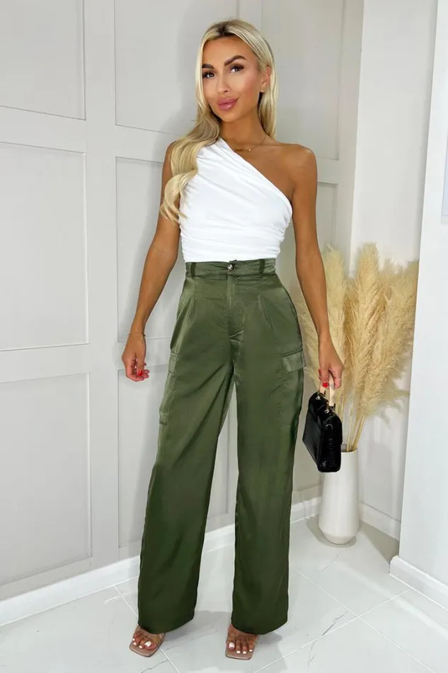 AX Paris Trousers 038 Leggings Olive Satin Straight Leg Cargo Pants