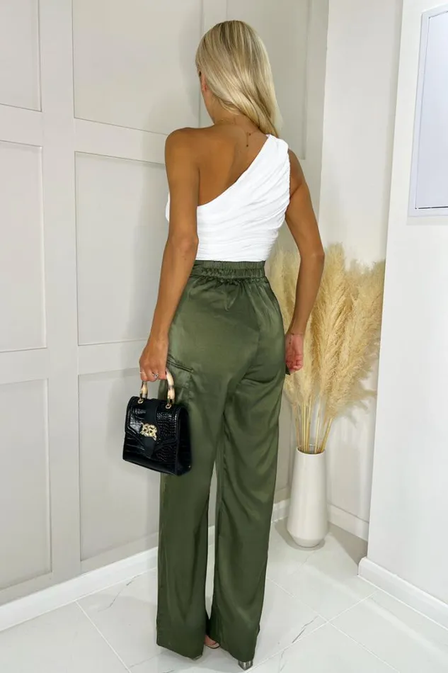 AX Paris Trousers 038 Leggings Olive Satin Straight Leg Cargo Pants