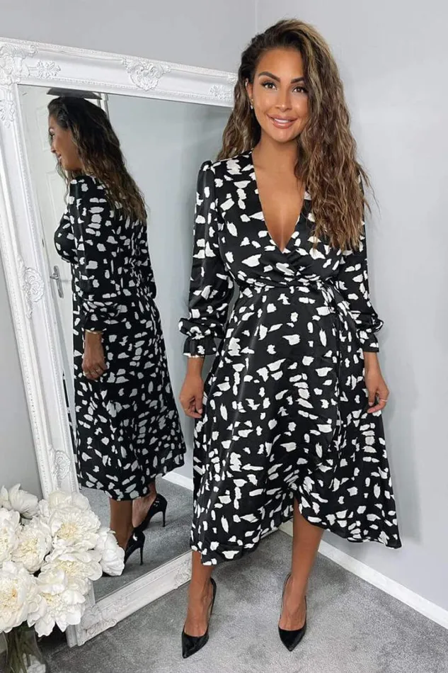 AX Paris Wedding Guest Dresses Black And White Printed Wrap Midi Dress