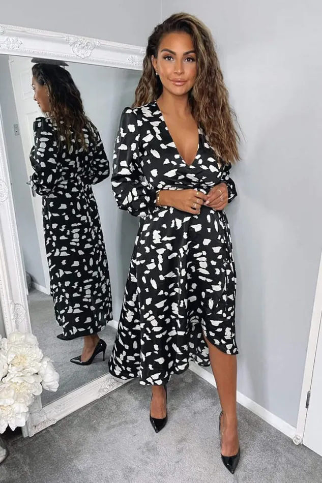 AX Paris Wedding Guest Dresses Black And White Printed Wrap Midi Dress