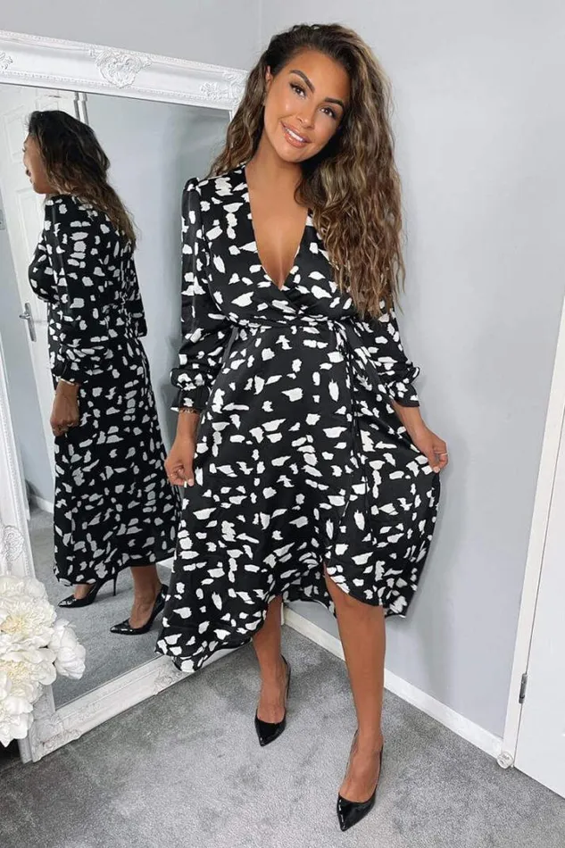AX Paris Wedding Guest Dresses Black And White Printed Wrap Midi Dress