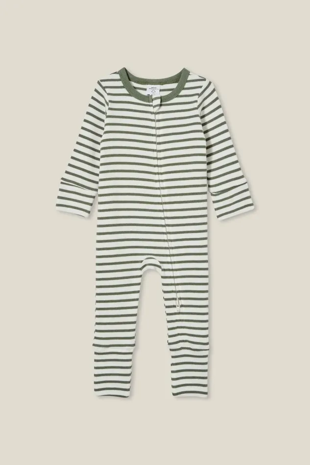 Baby Rompers and Bubbysuits Cotton On The Billie Long Sleeve Rib Romper Swag Greenvanilla Stripe Baby Rompers and Bubbysuits Cotton On The Billie Long Sleeve Rib Romper Swag Greenvanilla Stripe