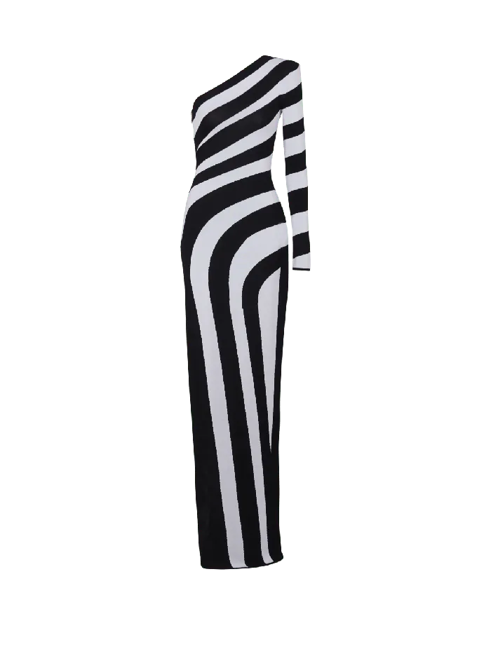 Balmain Dresses Women Long Asymmetrical Striped Knit Dress Black