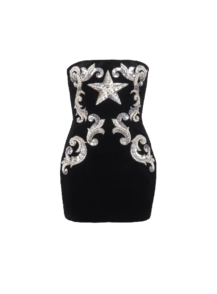 Balmain Dresses Women Paisley Embroidered Strapless Dress Black