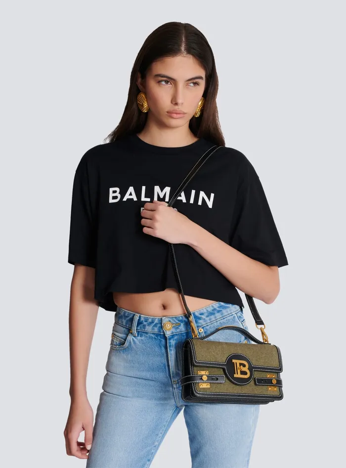 Balmain Handbags Women BBuzz Shoulder 24 Leather And Canvas Bag Khaki