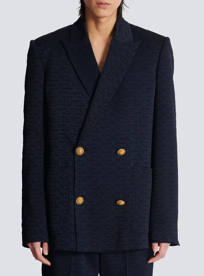 Balmain Jackets And Blazers Men PB Labyrinth Satin Jacquard Blazer Navy