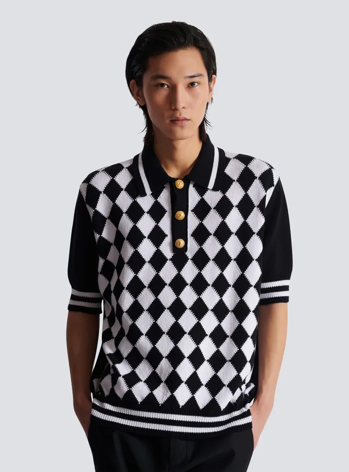 Balmain Knitwear Men Diamond Polo Shirt In Twotone Cotton Black