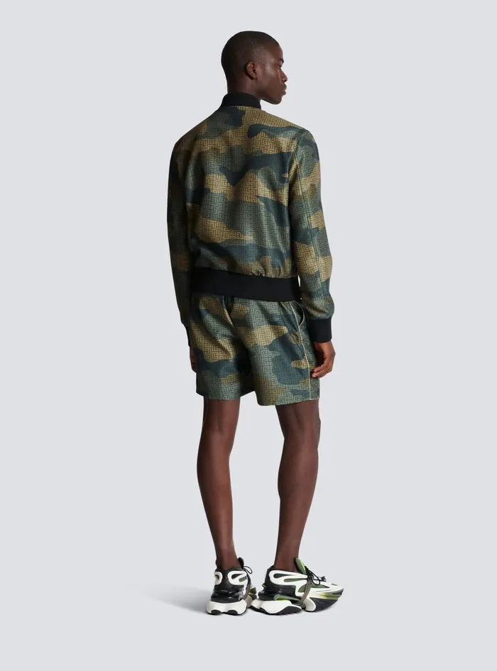 Balmain Outerwear Men Camouflage Monogrammed Shantung Bomber Jacket Khaki