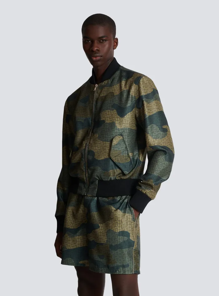 Balmain Outerwear Men Camouflage Monogrammed Shantung Bomber Jacket Khaki